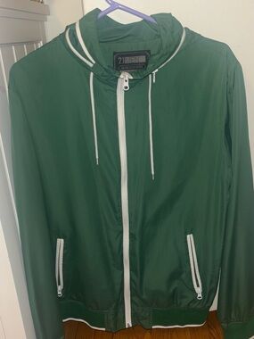 21MEN Forest Green Hooded Windbreaker with White Trim